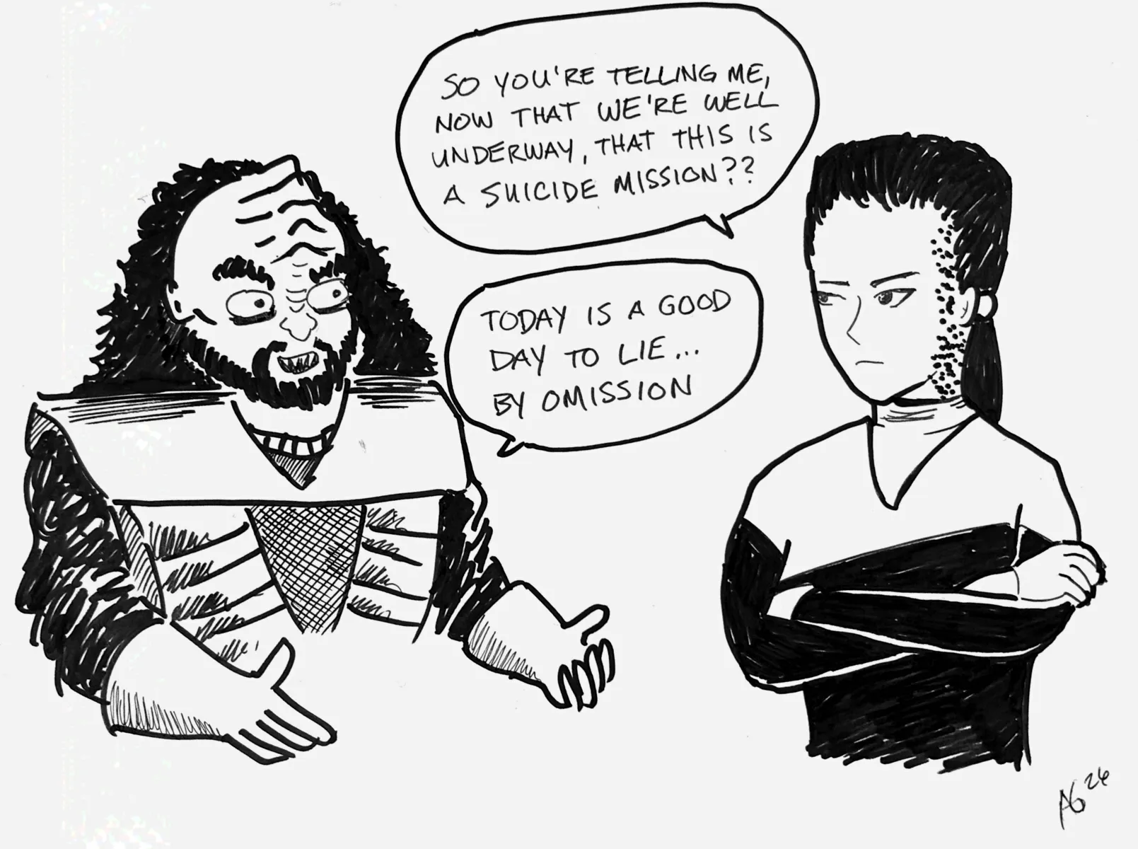 Jadzia Dax, standing opposite a Klingon warrior and talking.