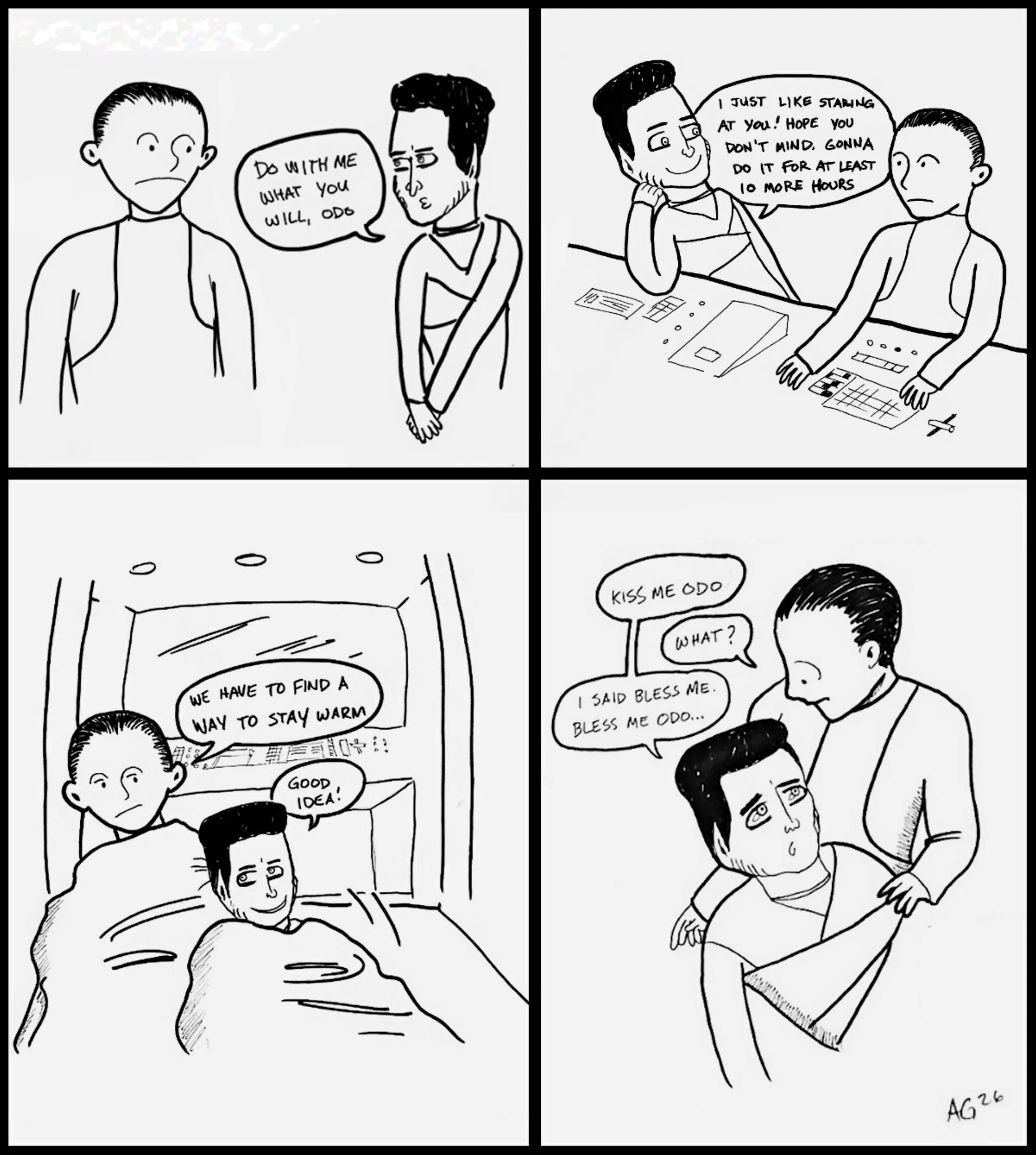 A four-panel comic strip about Deep Space Nine. 1: Weyoun looks at Odo with a come-hither expression. 2: Weyoun sits next to Odo at the controls of a runabout, staring with a big goofy grin. 3: Weyoun and Odo lie on the floor of the crashed runabout, each under a blanket. 4: Weyoun lies dying in Odo's arms.